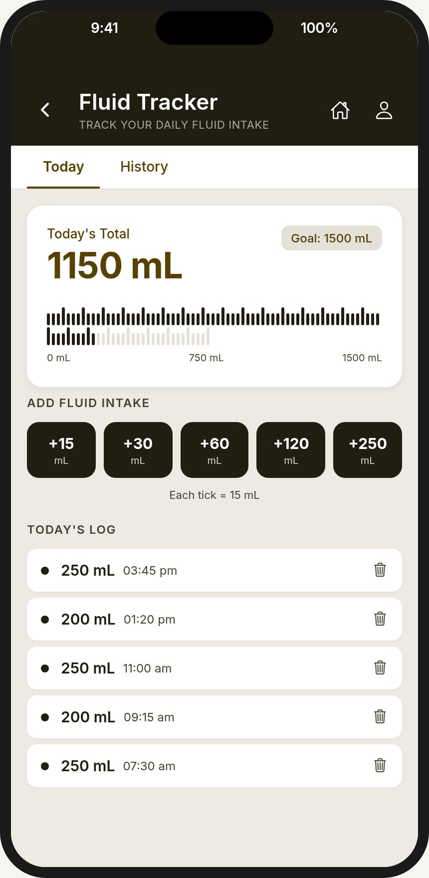Trackers screen of the Meridian patient app